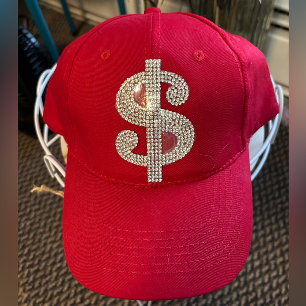 Red Cap with Rhinestone Dollar Symbol